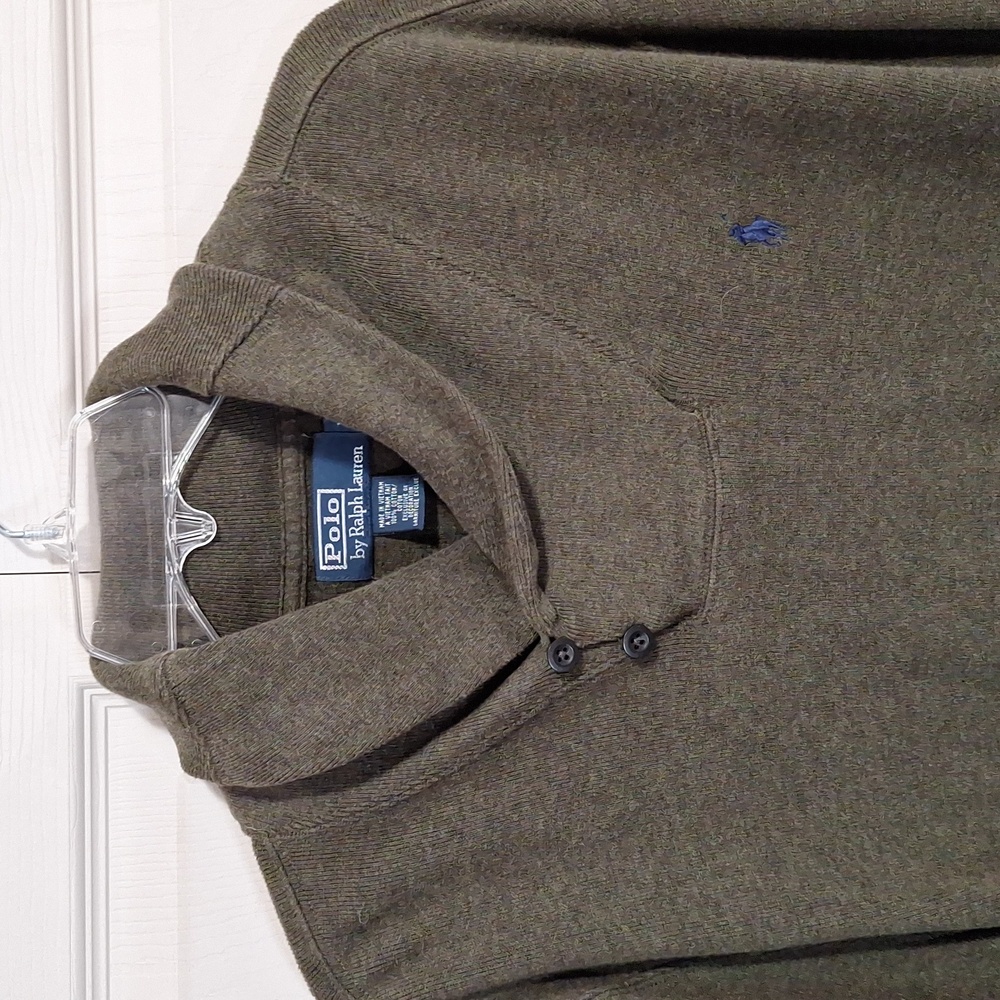 Vintage Luxury Polo shawl collar jersey pullover - L - olive green heather - Picture 3 of 5